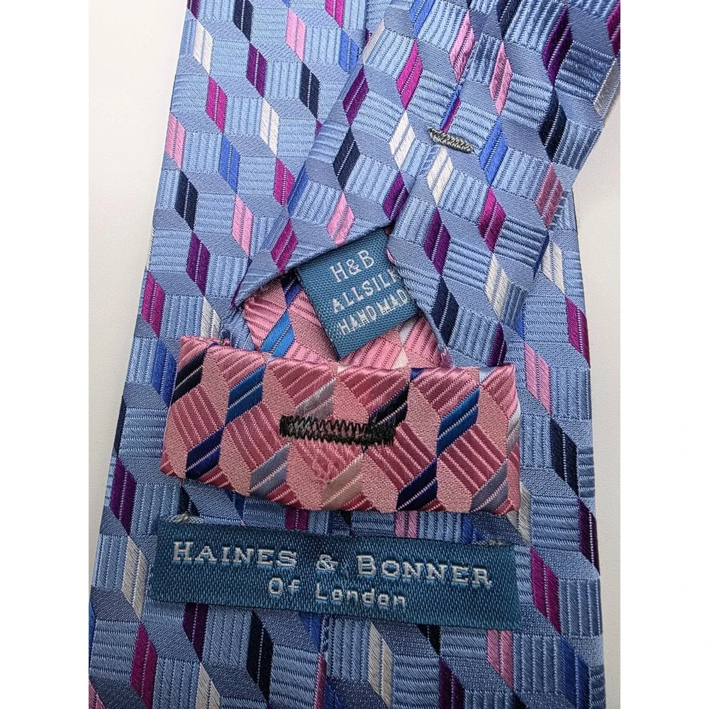Haines & Bonner Of London Geometric Pattern‎ Silk Necktie Men Blue Pink Purple